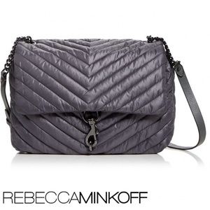 REBECCA MINKOFF Black Edie Quilted Nylon Flap Chain Leather Shoulder Bag